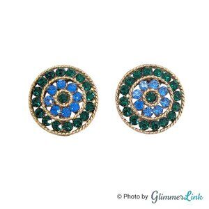 VTG 60s Lisner Round Spiral Green & Blue Rhinestone Gold Tone Clip On Earrings